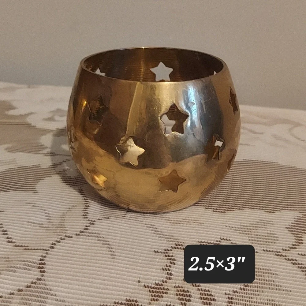 Vintage Brass Star Cutout Votive Candle Holder Gold Celestial India
